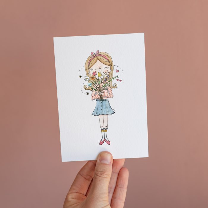 postcard ansichtkaart meisje bloemen boeket flowers girl illustration